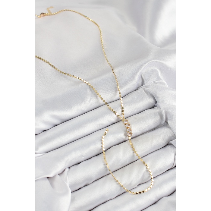 Pirinç Zirkon Taşlı Ezme Zincirli Model Gold Renk Y Kolye -