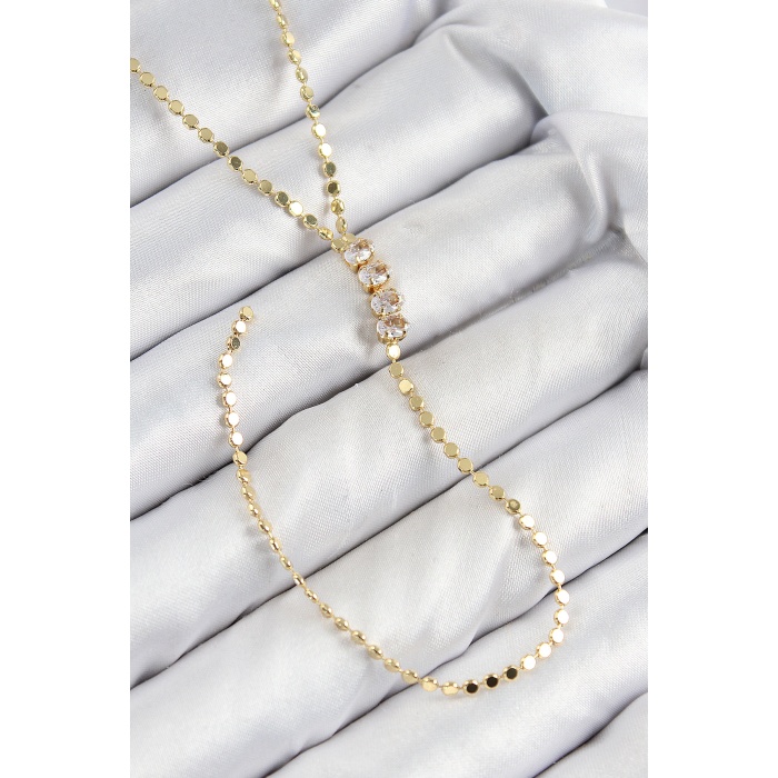 Pirinç Zirkon Taşlı Ezme Zincirli Model Gold Renk Y Kolye -