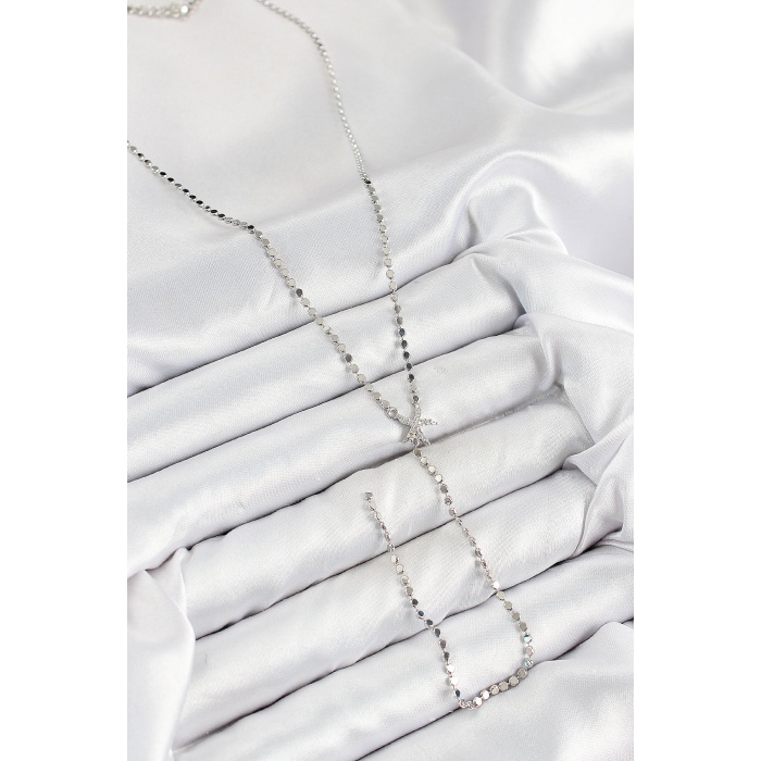 Pirinç Zirkon Taşlı Ezme Zincirli Deniz Yıldızı Model Gümüş Renk Y Kolye -