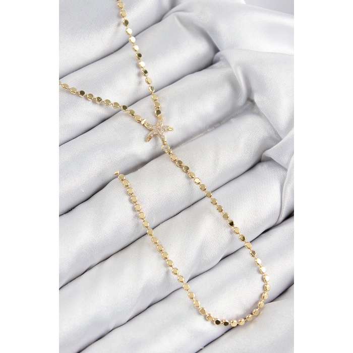 Pirinç Zirkon Taşlı Ezme Zincirli Deniz Yıldızı Model Gold Renk Y Kolye -