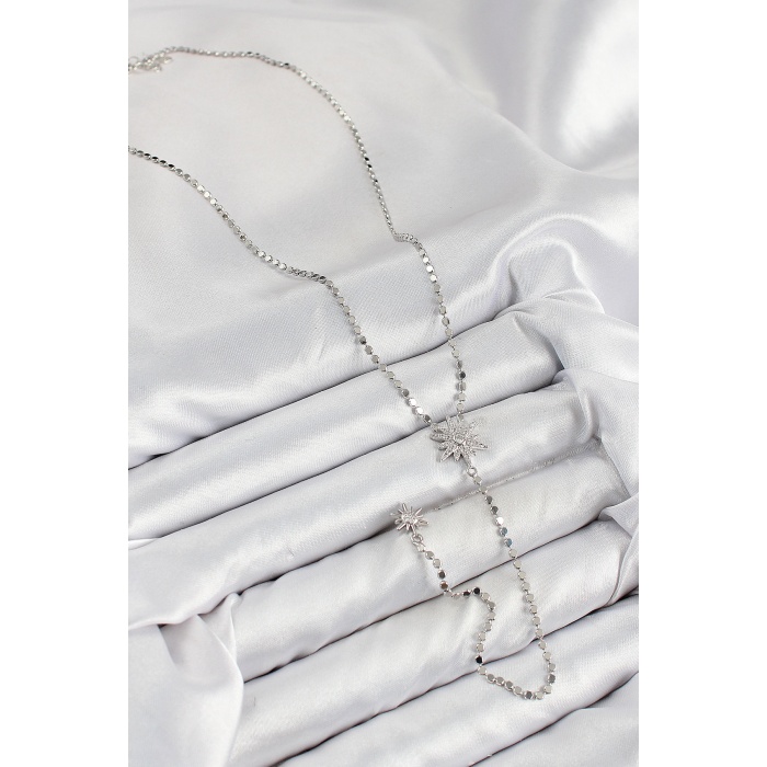 Pirinç Zirkon Taşlı Ezme Zincirli Kutup Yıldızı Model Gümüş Renk Y Kolye -