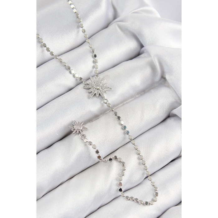 Pirinç Zirkon Taşlı Ezme Zincirli Kutup Yıldızı Model Gümüş Renk Y Kolye -