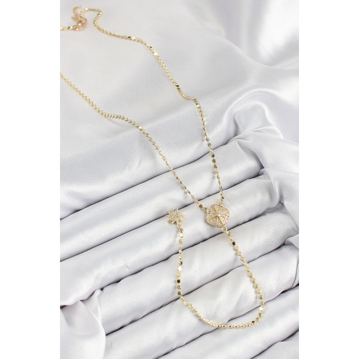 Pirinç Zirkon Taşlı Ezme Zincirli Madalyon Model Gold Renk Y Kolye -