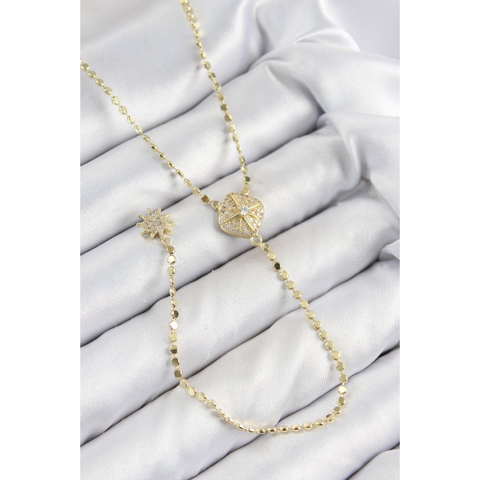 Pirinç Zirkon Taşlı Ezme Zincirli Madalyon Model Gold Renk Y Kolye -