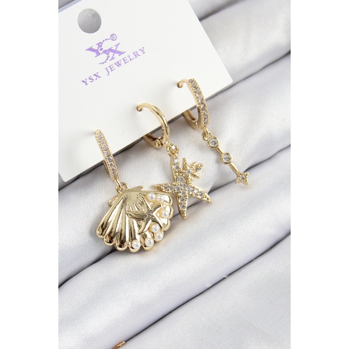 Pirinç Zirkon Taşlı 3lü İstiridye Ve Yıldız Model Gold Renk Kadın Küpe -