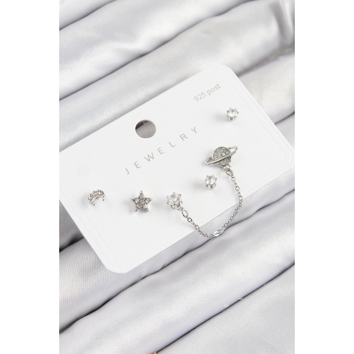 Pirinç Zirkon Taşlı Yıldız Ve Gezegen Model Gümüş Renk 925 Ayar Gümüş Çivi Kadın Küpe Set -
