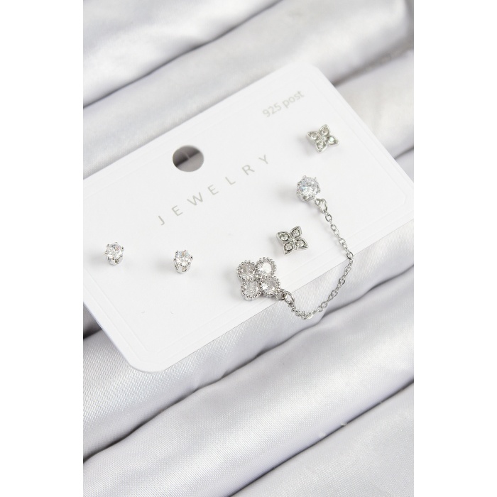 Pirinç Zirkon Taşlı Yonca Model Gümüş Renk 925 Ayar Gümüş Çivi Kadın Küpe Set -