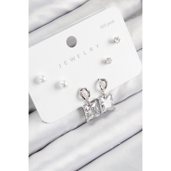 Pirinç Zirkon Taşlı Sallantılı Kare Model Gümüş Renk 925 Ayar Gümüş Çivi Kadın Küpe Set -