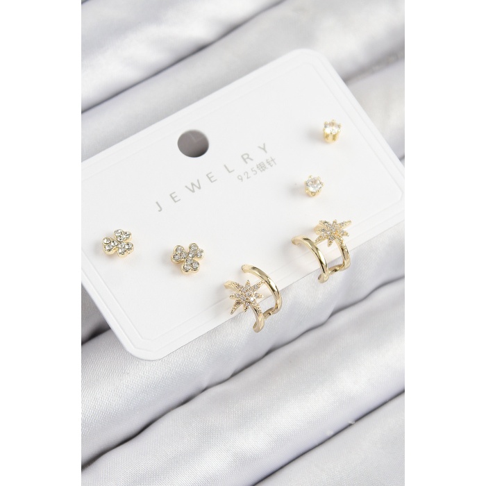 Pirinç Zirkon Taşlı Kutup Yıldızı Model Gold Renk 925 Ayar Gümüş Çivi Kadın Küpe Set -