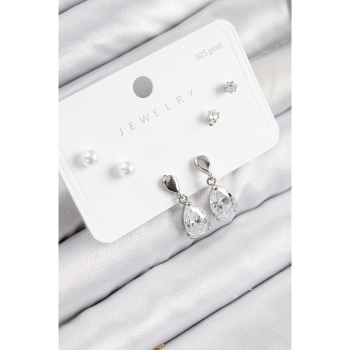 Pirinç Zirkon Taşlı Sallantılı Damla Model Gümüş Renk 925 Ayar Gümüş Çivi Kadın Küpe Set -