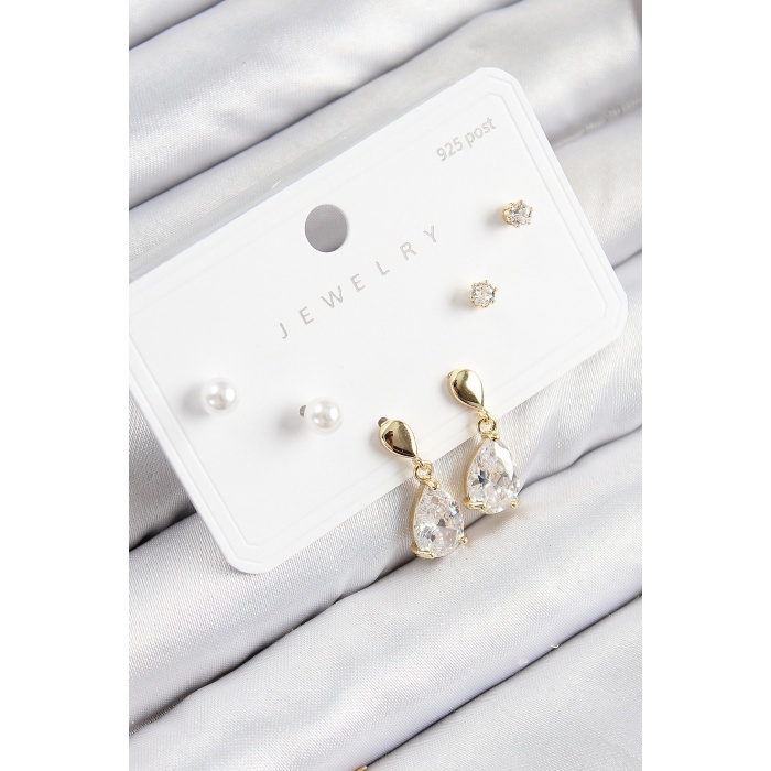 Pirinç Zirkon Taşlı Sallantılı Damla Model Gold Renk 925 Ayar Gümüş Çivi Kadın Küpe Set -