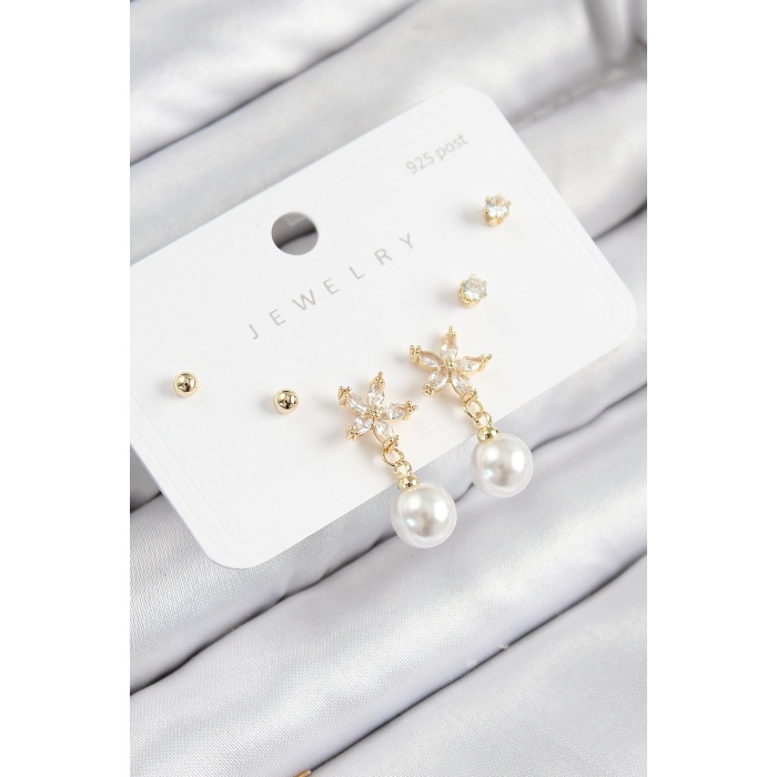 Pirinç Zirkon Taşlı İnci Sallantılı Çiçek Model Gümüş Renk 925 Ayar Gümüş Çivi Kadın Küpe Set -