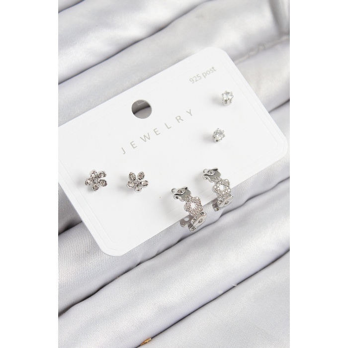 Pirinç Zirkon Taşlı Halka Model Gümüş Renk 925 Ayar Gümüş Çivi Kadın Küpe Set -