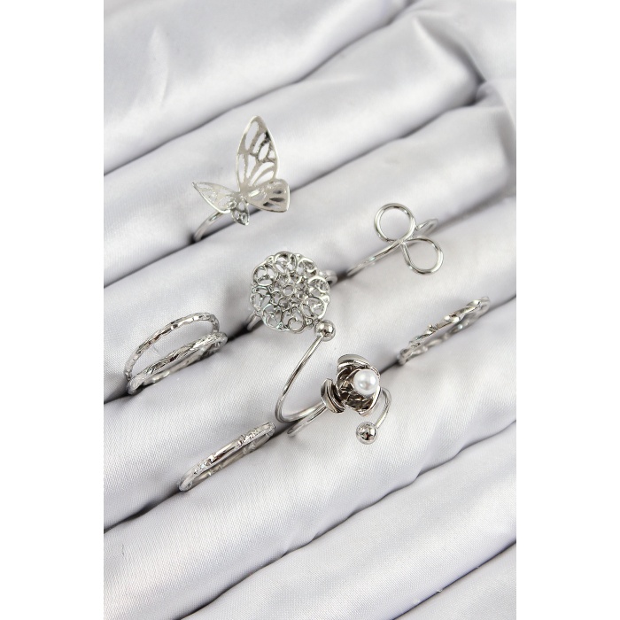 Pirinç Gül Kelebek Model Gümüş Renk Kadın Yüzük Kombin Set -