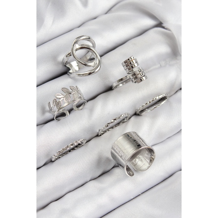 Pirinç Yaprak Model Gümüş Renk Kadın Yüzük Kombin Set -