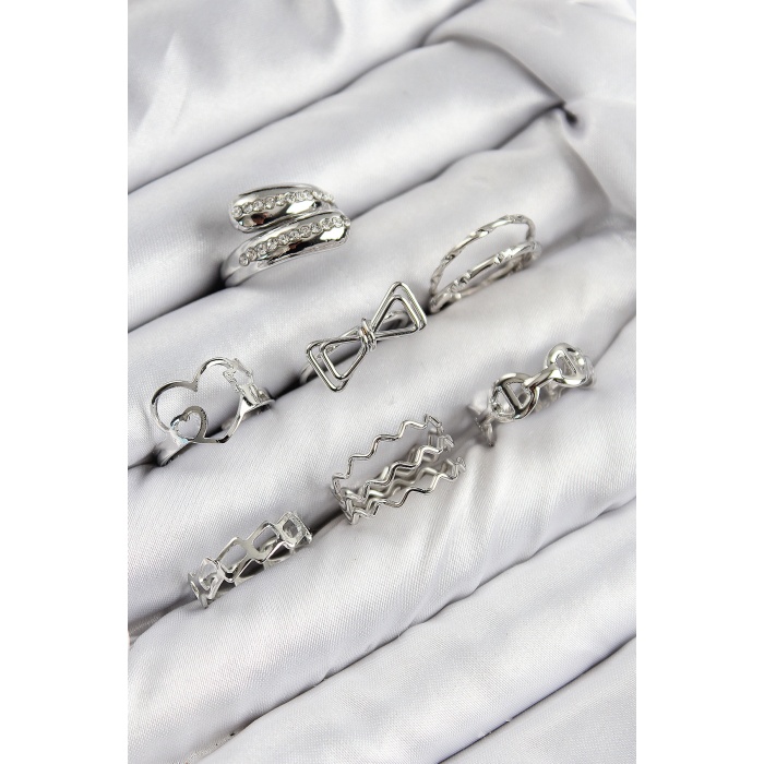 Pirinç Zirkon Taşlı Fiyonk Ve Kalp Model Gümüş Renk Kadın Yüzük Kombin Set -