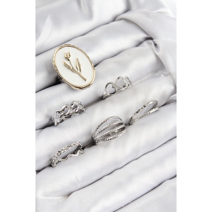 Pirinç Zirkon Taşlı Lale Model Gümüş Renk Kadın Yüzük Kombin Set -