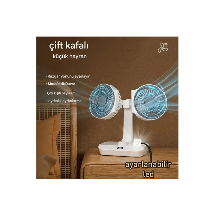 Masaüstü Dijital Ekranlı Çift Fanlı Led Işıklı Soğutucu Fan Ev Ofis Şarjlı Vantilatör - Lisinya
