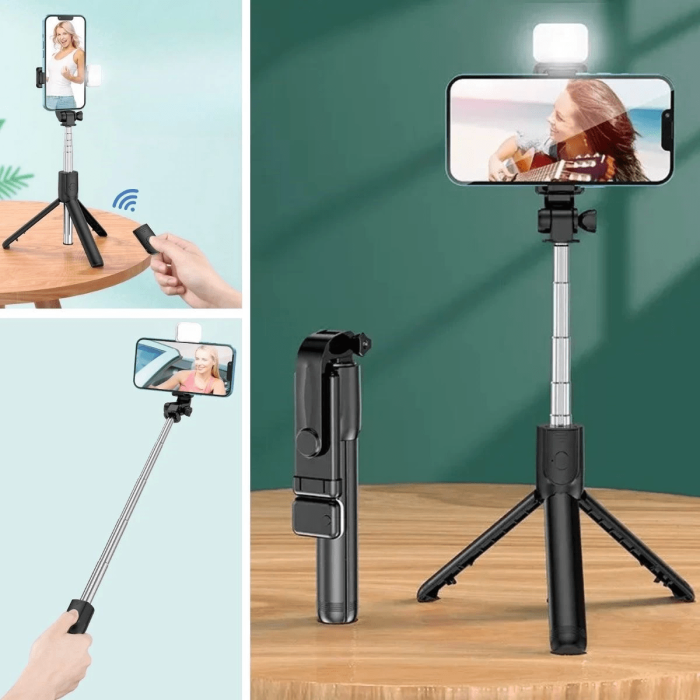 Kendiliğinden Işıklı Masaüstü Tripod Olabilen Telefon Tutuculu Kablosuz Kumandalı Selfie Çubuğu ( Lisinya )