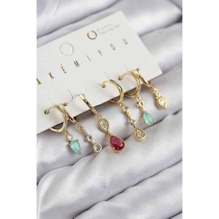 Pirinç Zirkon Taşlı Sallantılı Model Gold Renk 6lı Küpe Set -