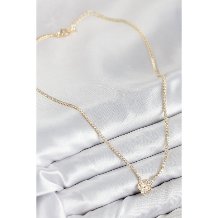 Pirinç Zirkon Taşlı Yonca Model Gold Renk Kadın Kolye -