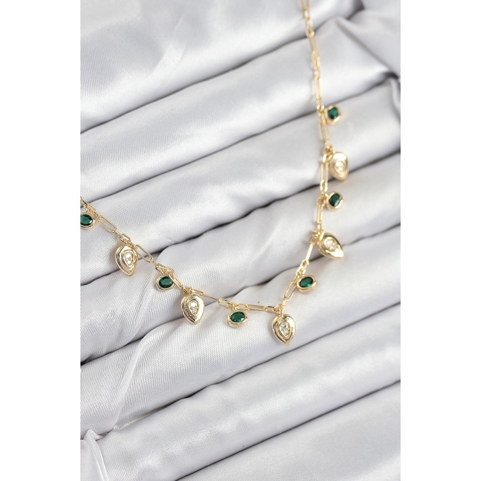 Pirinç Zirkon Taşlı Sallantılı Damla Model Gold Renk Kadın Kolye -