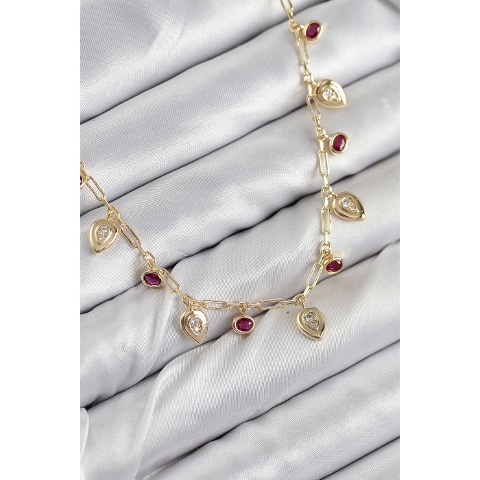 Pirinç Zirkon Taşlı Sallantılı Damla Model Gold Renk Kadın Kolye -