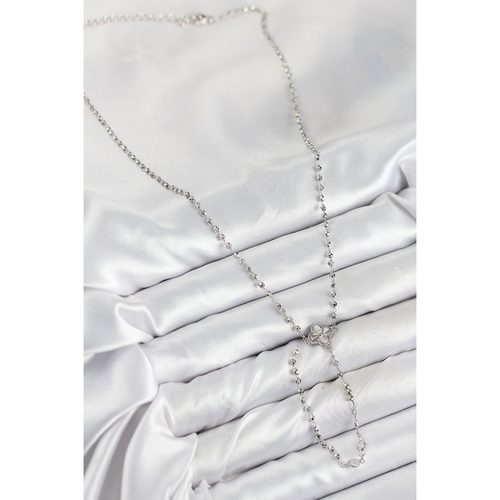 Pirinç Zirkon Taşlı Yonca Model Gümüş Renk Kadın Y Kolye -