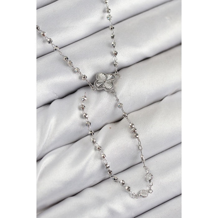 Pirinç Zirkon Taşlı Yonca Model Gümüş Renk Kadın Y Kolye -