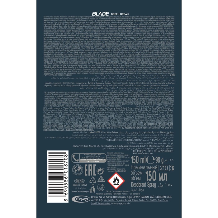 3 Adet Blade Green Dream Erkek Deodorant 150 Ml Hızlı Kurur, Leke Bırakmaz