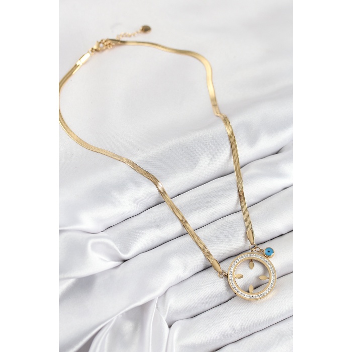 316L Çelik Zirkon Taşlı Çeyrek Takılabilir Gold Renk Kadın Kolye -