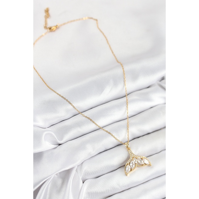 316L Çelik Zirkon Taşlı Balık Kuyruğu Model Gold Renk Kadın Kolye -