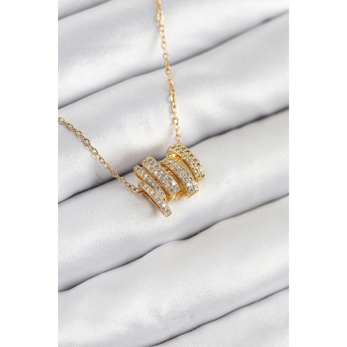 316L Çelik Zirkon Taşlı Sarmal Model Gold Renk Kadın Kolye -