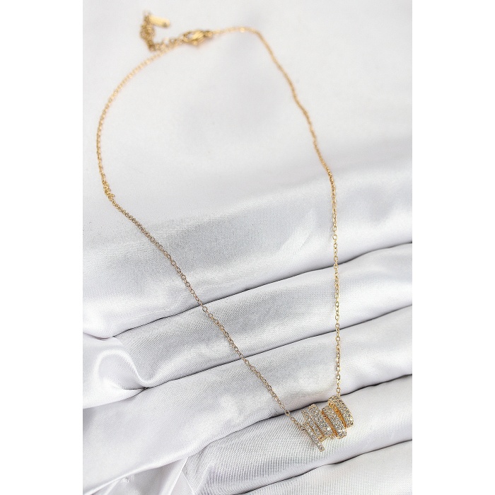 316L Çelik Zirkon Taşlı Sarmal Model Gold Renk Kadın Kolye -