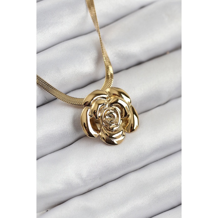 316L Çelik Gül Figürlü İtalyan Zincir Model Gold Renk Kadın Kolye -
