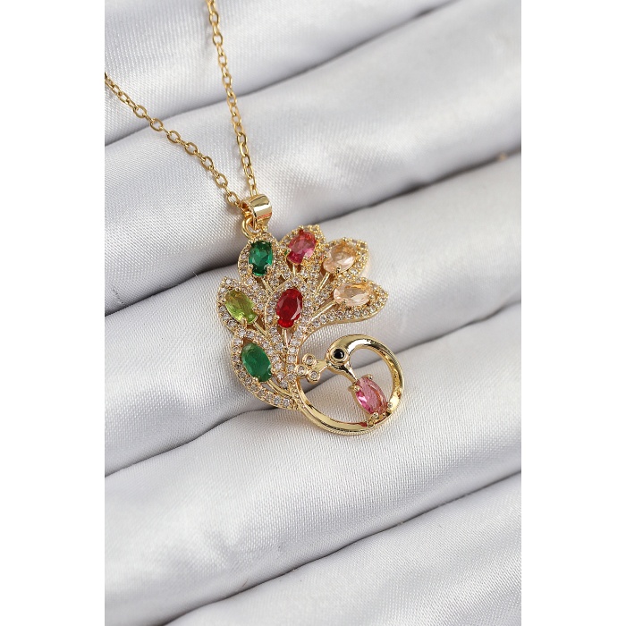 316L Çelik Zirkon Taşlı Tavus Kuşu Model Gold Renk Kadın Kolye -