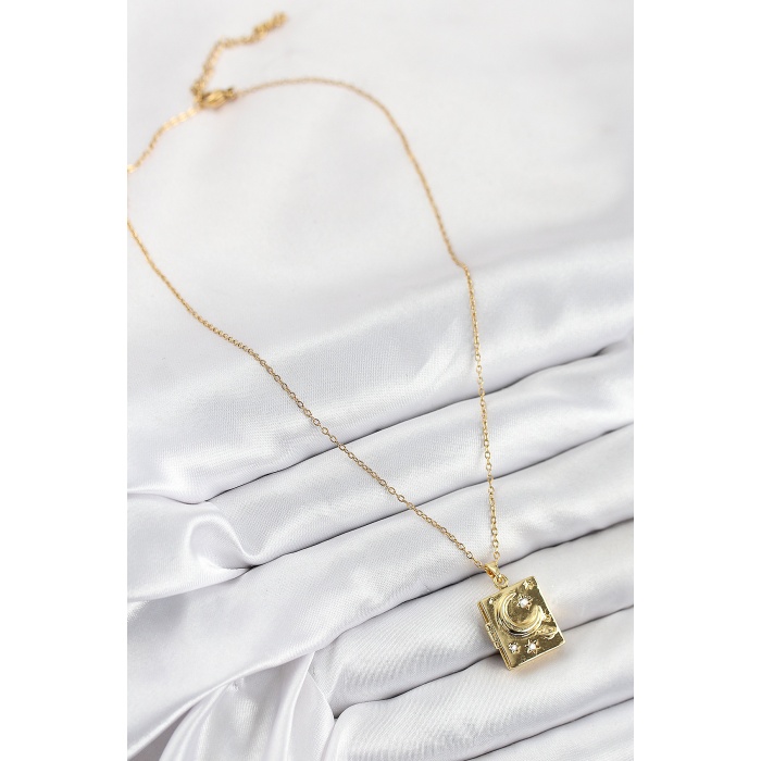 316L Çelik Zirkon Taşlı Açılabilr Kapaklı Kitap Model Gold Renk Kadın Kolye -