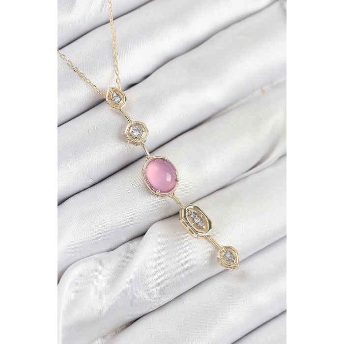 Pirinç Zincir Pembe Gold Renk Zirkon Taşlı Y Kolye - Lisinya