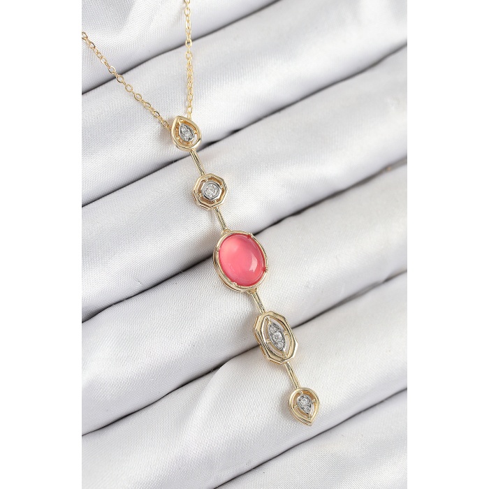 Pirinç Zincir Pembe Gold Renk Zirkon Taşlı Y Kolye - Lisinya