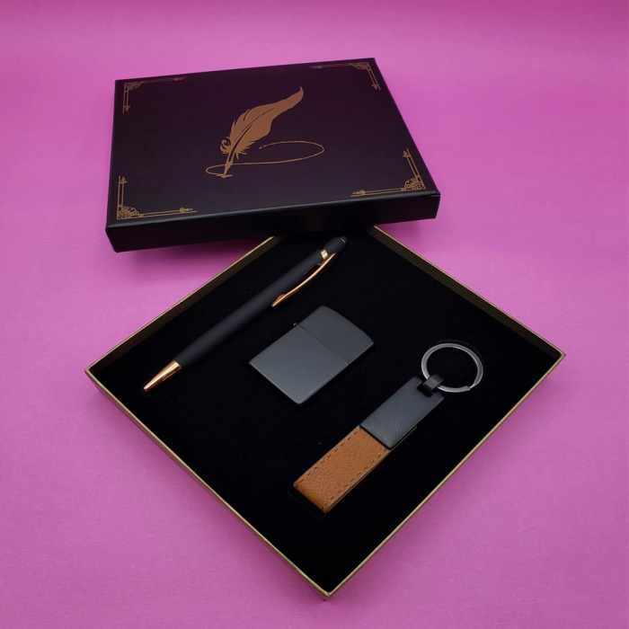 Siyah Rubber Kalem Çakmak Ve Anahtarlık Set - Lisinya