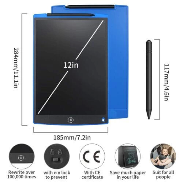 T12 Siyah Writing Tablet Lcd 12 Inç Dijital Kalemli Çizim Yazı Tahtası - Lisinya