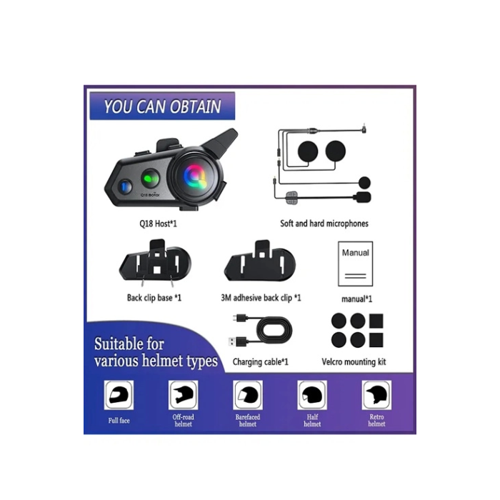 Q18 Motosiklet Kask Kulaklık Intercom Işıklı 2 Eşleşme Özellikli 1000 Mah - Lisinya