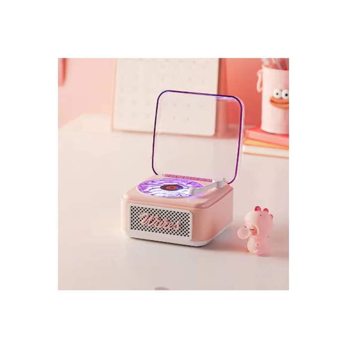 Nostalji Mini Plak Görünümlü Radyolu Bluetooth Hoparlör 3d Ses Dalgası Retro Müzik Plak Pembe - Lisinya