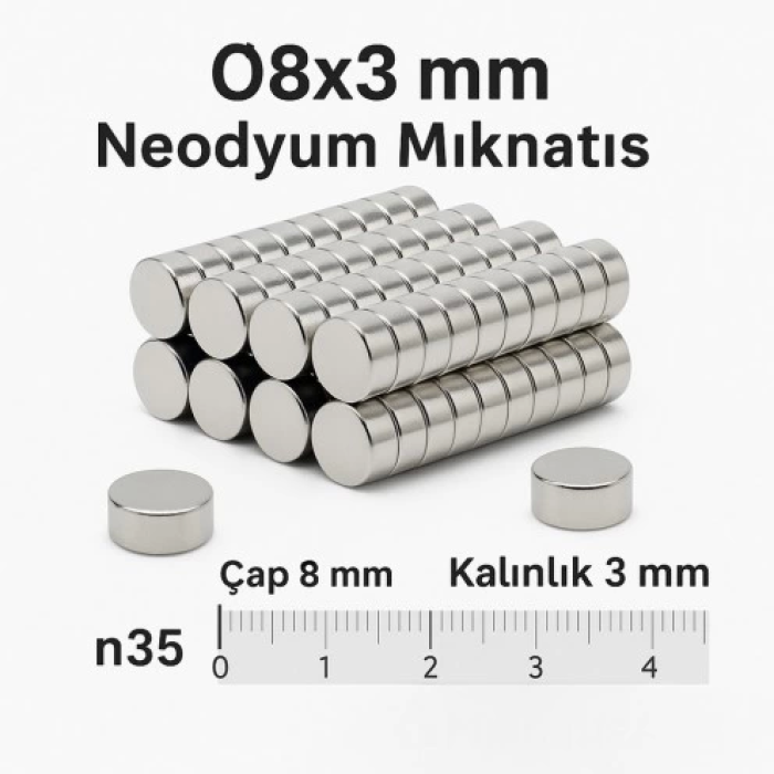 N35 8x3mm Yuvarlak Neodyum Mıknatıs, Güçlü Nikel Kaplamalı Kaliteli Dayanıklı Magnet ( Lisinya )