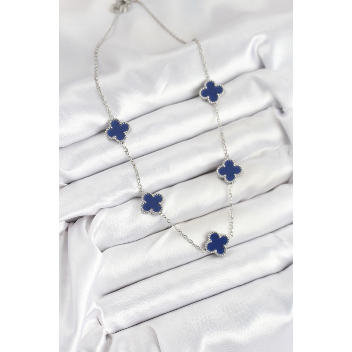 316L Çelik Zincir Gümüş Lacivert Renk Yonca Kadın Kolye -