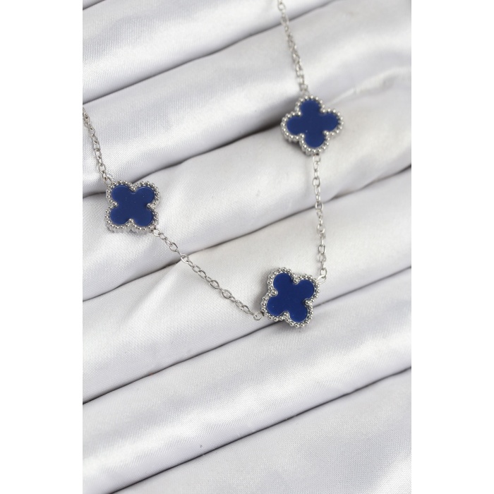 316L Çelik Zincir Gümüş Lacivert Renk Yonca Kadın Kolye -