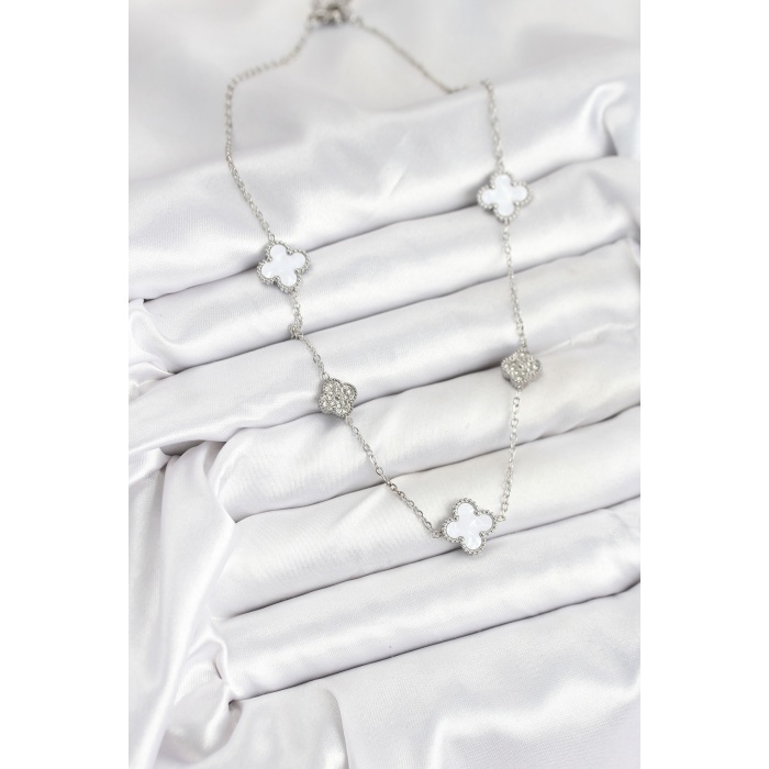 316L Çelik Zincir Gümüş Renk Beyaz ve Zirkon Taşlı Yonca Kadın Kolye -