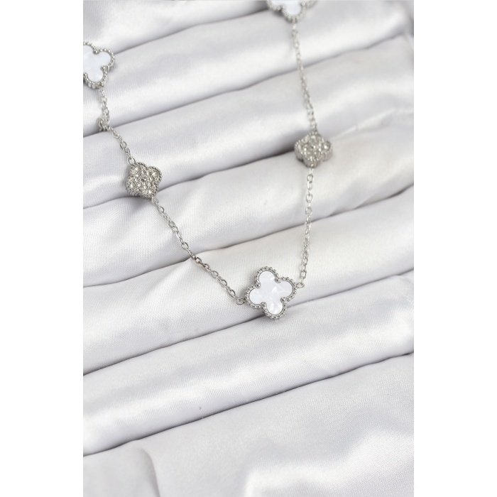 316L Çelik Zincir Gümüş Renk Beyaz ve Zirkon Taşlı Yonca Kadın Kolye -