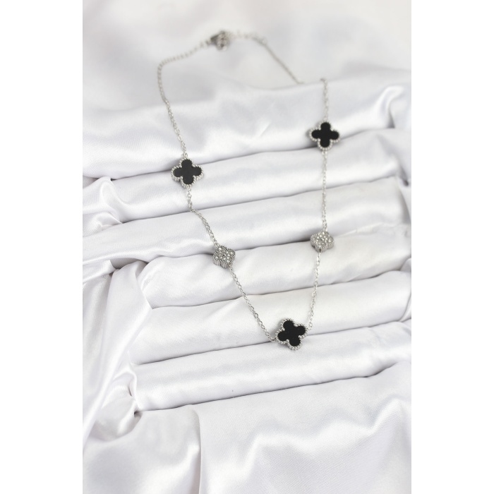 316L Çelik Zincir Gümüş Renk Siyah ve Zirkon Taşlı Yonca Kadın Kolye -