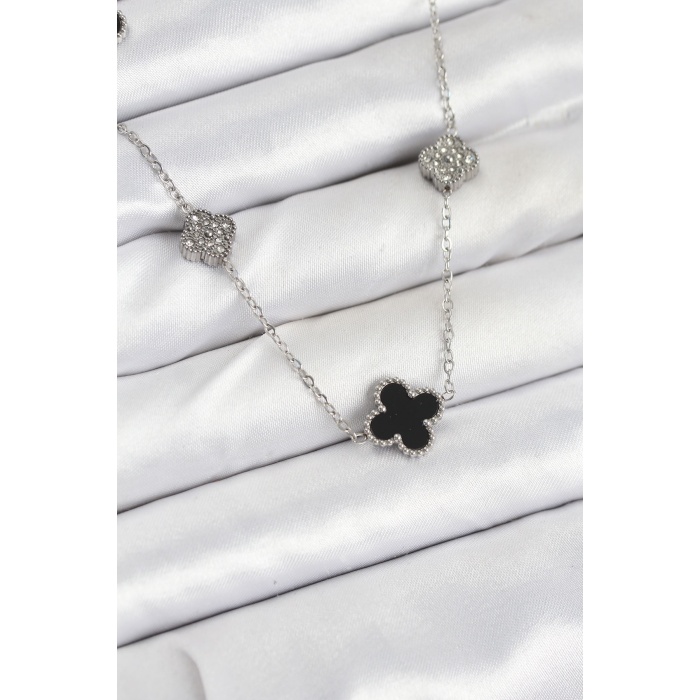 316L Çelik Zincir Gümüş Renk Siyah ve Zirkon Taşlı Yonca Kadın Kolye -